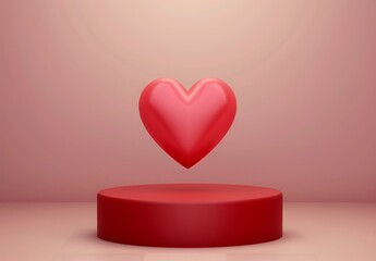 Abstract 3D render Minimal scene for Valentines day red background with pedestal podium product display and Heart Shaped. Stage for showcase.
