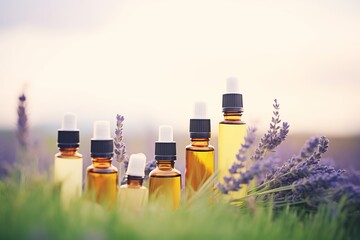 bottles of essential oils among lavender field - obrazy, fototapety, plakaty