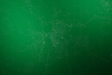 Map of the streets of Rapid City (South Dakota, USA) made with white lines on abstract green background lit by two lights. Top view. 3d render, illustration