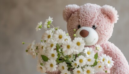 A close-up shot of a white and pink teddy bear holding a bouquet of dainty white flowers, its charm enhanced by the simplicity of an isolated background