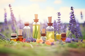 bottles of essential oils among lavender field
