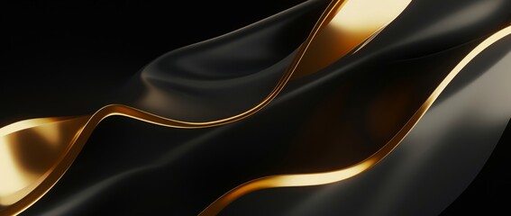 Black and gold wavy luxury background, layered wavy sheet 3d realistic wallpaper illustration