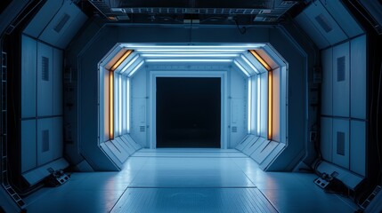 Realistic Illustration of a blue and orange Sci-Fi Corridor Interior