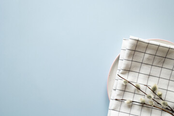 Easter serving. willow branches on textile napkin on plate. blue background with copy space.