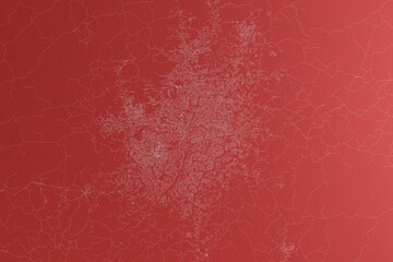 Map of the streets of Yaounde (Cameroon) made with white lines on red paper. Top view, rough background. 3d render, illustration