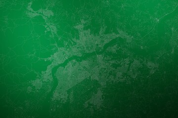 Map of the streets of Bamako (Mali) made with white lines on abstract green background lit by two lights. Top view. 3d render, illustration - obrazy, fototapety, plakaty