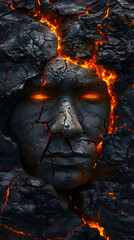 A face emerging from molten lava and rocks