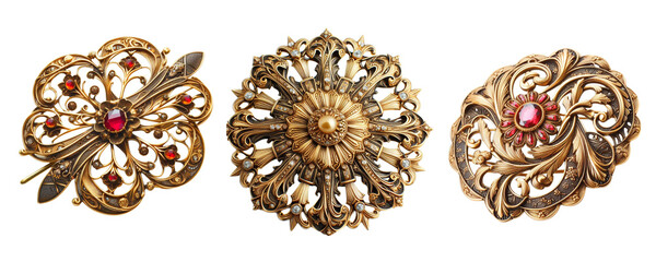 3 Old fashioned brooch made of gold with intricate design isolate on transparent background - obrazy, fototapety, plakaty