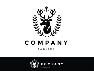 deer head emblem hunt trophy logo design template for brand business company hunting hunter wild life adventure