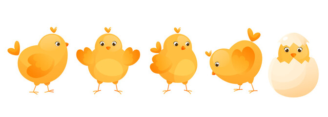 Cute yellow chickens in different poses for Easter design.