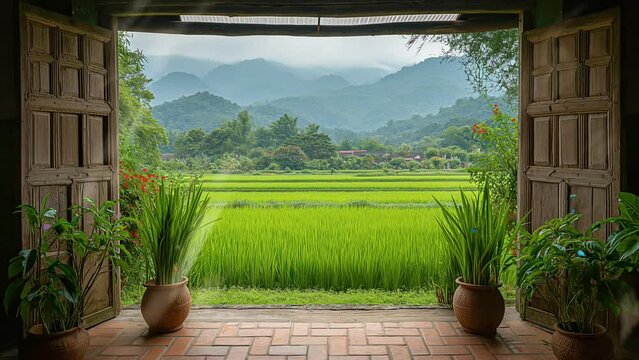 open window with beautiful rice field view. Seamless looping 4k time-lapse virtual video animation background