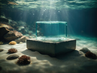 Underwater mockup concept for product presentation podium. Generative AI