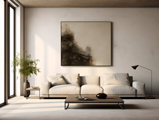 modern living room with sofa ,  frame on wall ,  sunlight,window,table,vase,plant,pillows,modern interior design