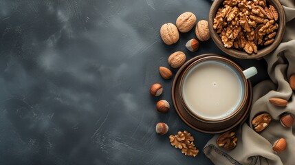 Obraz na płótnie Canvas Banner with nut milk in a mug and nuts on a dark background. Top view. Nut milk horizontal template background with space for text.