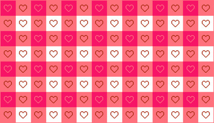Valentines day checkered pattern background with pixel art hearts. No type. Outline, Vector illustration, in black and white, red, hot pink, pastel