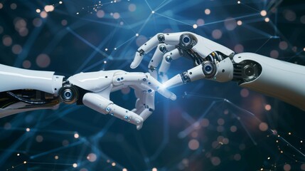 Human and robot hands touching, symbolizing AI data exchange