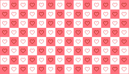 Valentines day checkered pattern background with pixel art hearts. No type. Outline, Vector illustration, in black and white, red, hot pink, pastel
