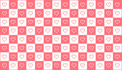 Valentines day checkered pattern background with pixel art hearts. No type. Outline, Vector illustration, in black and white, red, hot pink, pastel