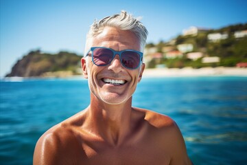 Portrait of a smiling senior man wearing sunglasses at the beach.