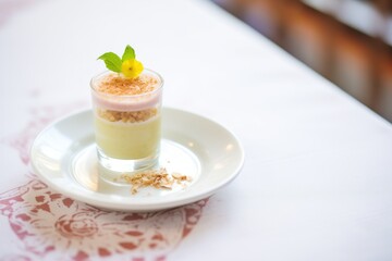 rice pudding drink in a shot glass with an almond on top