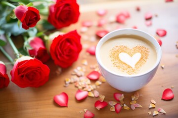 latte cup surrounded by red roses with a latte art heart