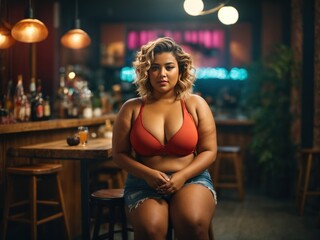beautiful plus size women seating on chair in the bar. Generative AI