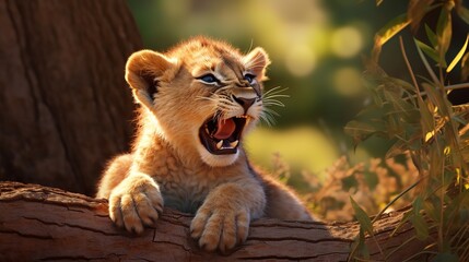 African Lion Cub Yawning and Stretching Under Sunlight

