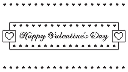Valentines day border background with pixel art hearts and cursive type typography of Happy Valentines Day text. Vector illustration, black and white, red, maroon, hot pink, pastel pink
