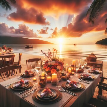 Beautiful dinner table setting on the beach at sunset