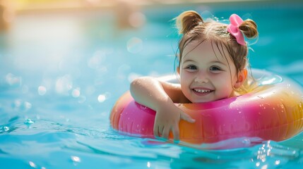 Fototapeta na wymiar Joyful toddler girl in pool with colorful float, tropical holiday