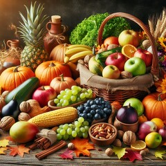 Fall background with freshly picked vegetables and fruits after harvest. Thanksgiving