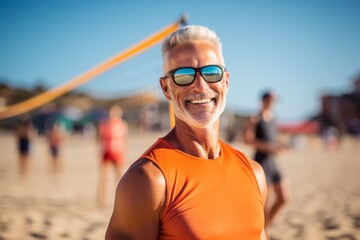 Portrait of a senior man playing beach volleyball on the beach.