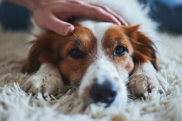 Close-up of a man's hand stroking a dog at home