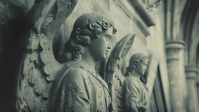 Amidst the ornate arches and flying resses of a Gothic cathedral stone angels keep silent watch their solemn presence lending an air of ancient mystery.