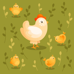 Mother hen with little yellow chicks on a walk.