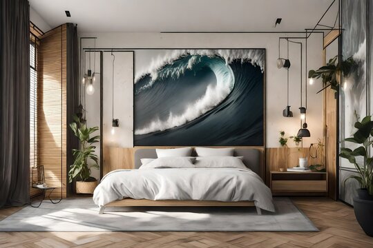Stylish interior of bedroom with boards for sup surfing and wall with printed clear wate