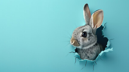 A gray Easter bunny peeks out from a broken blue wall with copy space for text. Festive background for Easter.