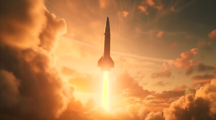 a state-of-the-art war rocket soaring through the clouds, captured from below as it pierces the atmosphere