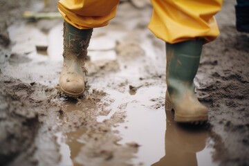 Obraz premium feet in rubber boots walking through mud