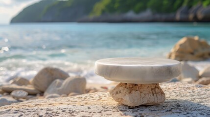 Fototapeta na wymiar Marble display stand on beach, tropical sea in soft focus