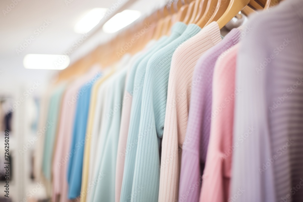 Wall mural row of pastel crewneck sweaters under soft store lighting