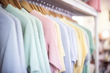 row of pastel crewneck sweaters under soft store lighting