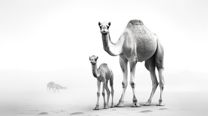 Black and White Drawing of a Camel with Baby

