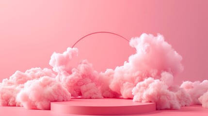 Minimalistic pink cloud scene, 3D podium for product arrangement