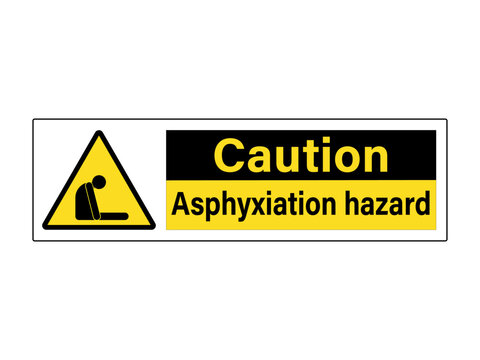 Caution, asphyxiation hazard. Warning sign with yellow triangle, symbol and text on the right. Horizontal strip.