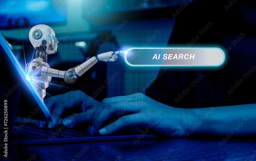 Aufkleber AI searching technology concept. Robot pops out of the computer screenม pointing on search engine bar, data search optimization by artificial intelligence while businessman work with laptop computer.