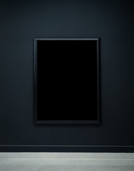 Mockup black blank space in thin square picture frame, vertical style, isolated on dark background. Empty single rectangular simple artist frame hanging on dark blue wall background in museum.