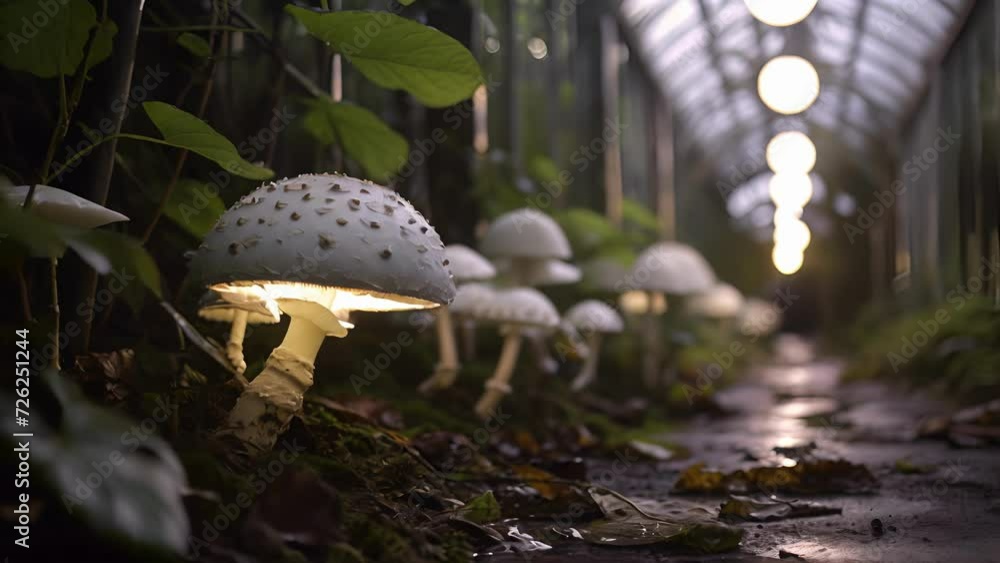 Poster a row of ghostly white mushrooms line the path in the gothic greenhouse, their caps pulsating with a