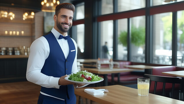 The waiter carries a plate of salad in the restaurant