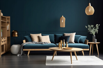 Interior of the living room with a large sofa in brown and blue tones.